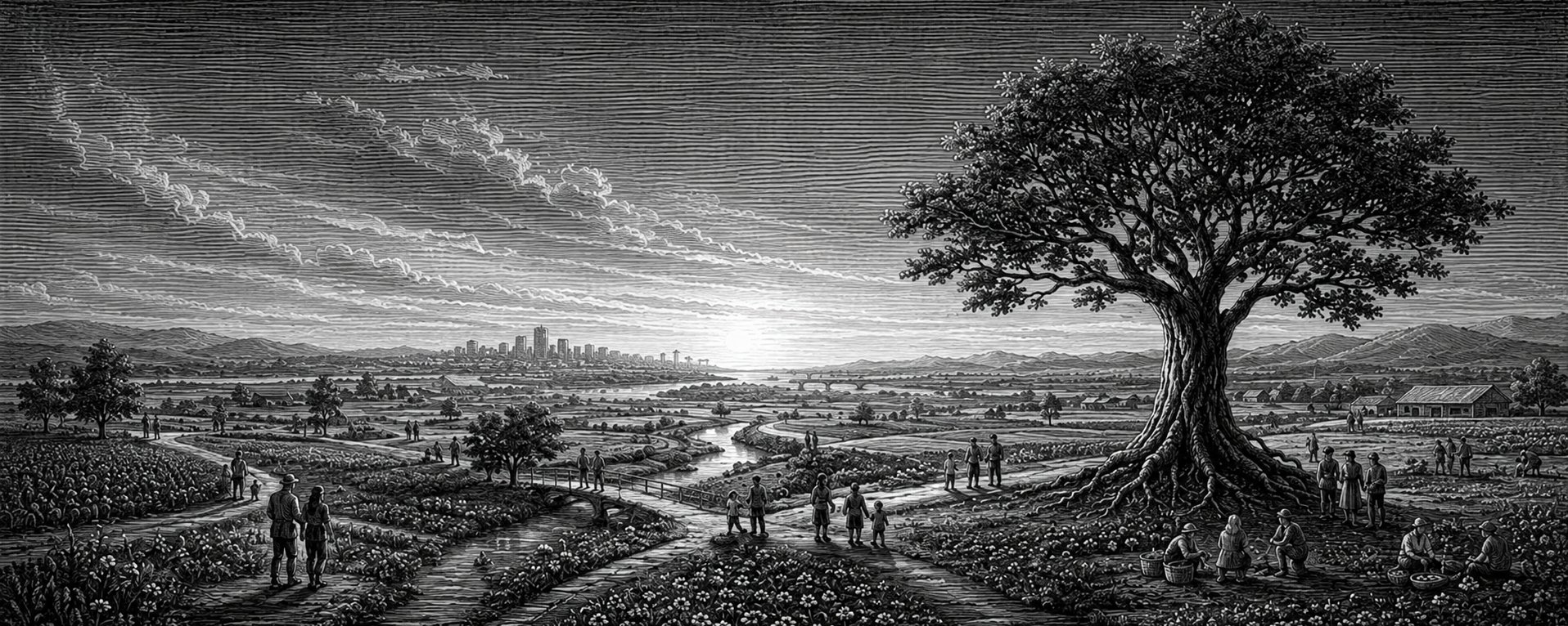 Engraved landscape of families walking flowering field paths that converge beneath a vast tree, a city skyline rising on the horizon at dawn — humanity's abundance gathering toward a single rooted point.