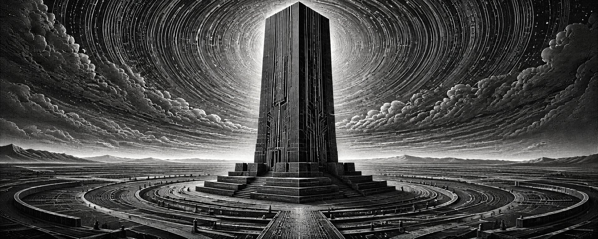 Engraved monolith rising from a stepped pedestal in a vast plain, sky and ground swirling in concentric rings around it — an immovable object the world reorganizes itself around.