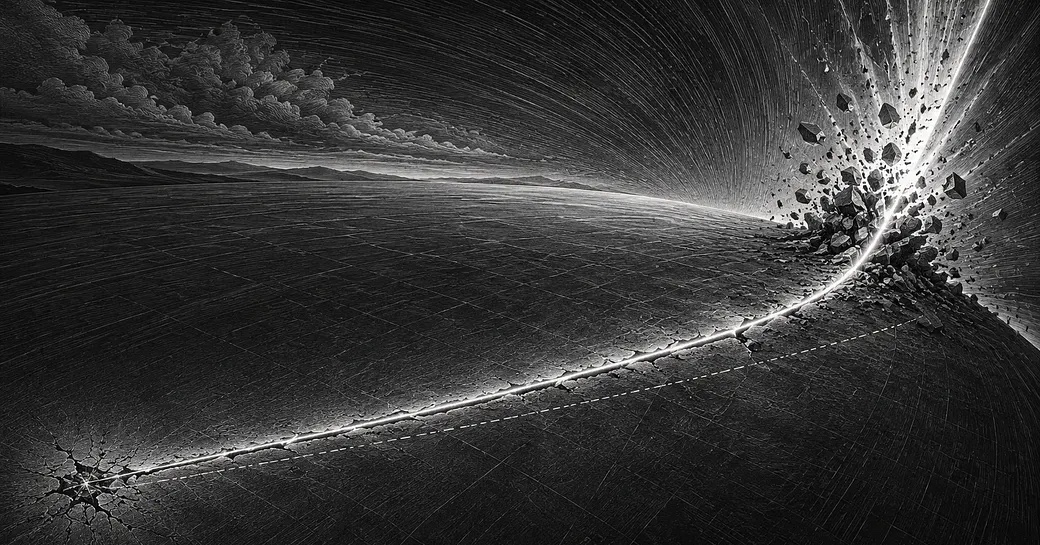Engraving-style black-and-white illustration: a glowing line crosses a vast gridded plane alongside a straight dashed trendline, rising from a shattered starburst crack at the lower left, then bends sharply upward at the far right and breaks through the surface in a burst of light and flying rock fragments, beneath a horizon of mountains and clouds.