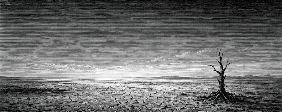 A solitary leafless tree rooted in cracked, drought-stricken earth beneath a vast, pale sky — abundance of land and air, scarcity of what sustains.