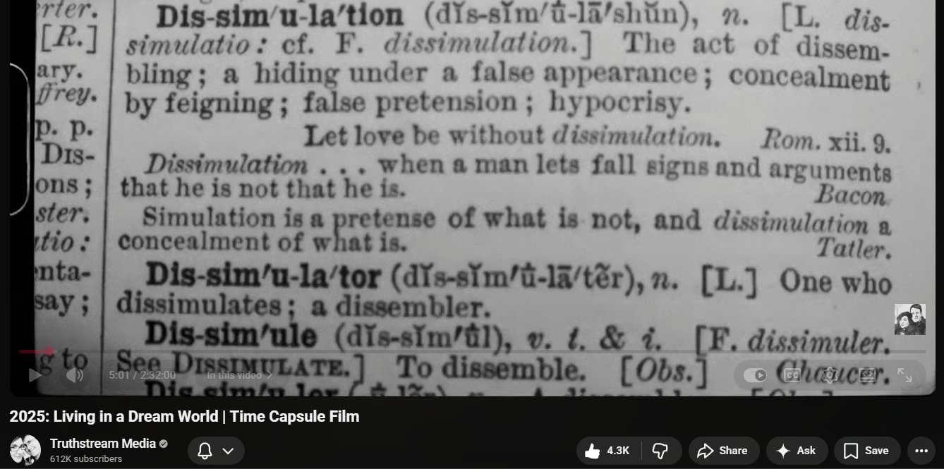 Truthstream News video thumbnail exploring the concept of dissimulation and hidden control systems